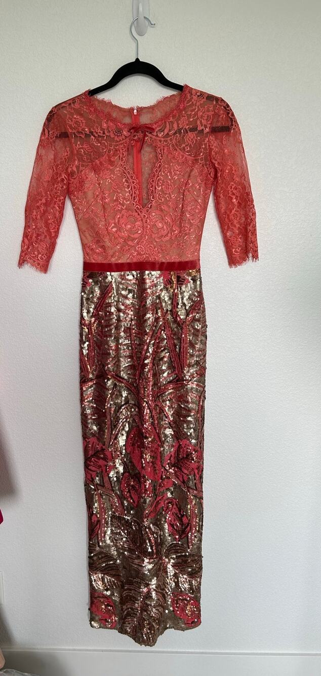Marchesa Notte Artwork Sequin Dress Cap Sleeve Floral Lace Coral/Rose Gold - 0